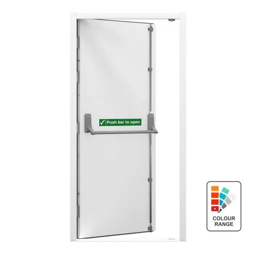 Exterior view of steel fire exit door professionally installed for safety compliance in Stamford-Bridge 