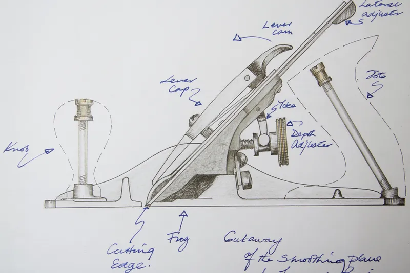 Close-up of a bench plane frog showing precision components used in bespoke woodworking