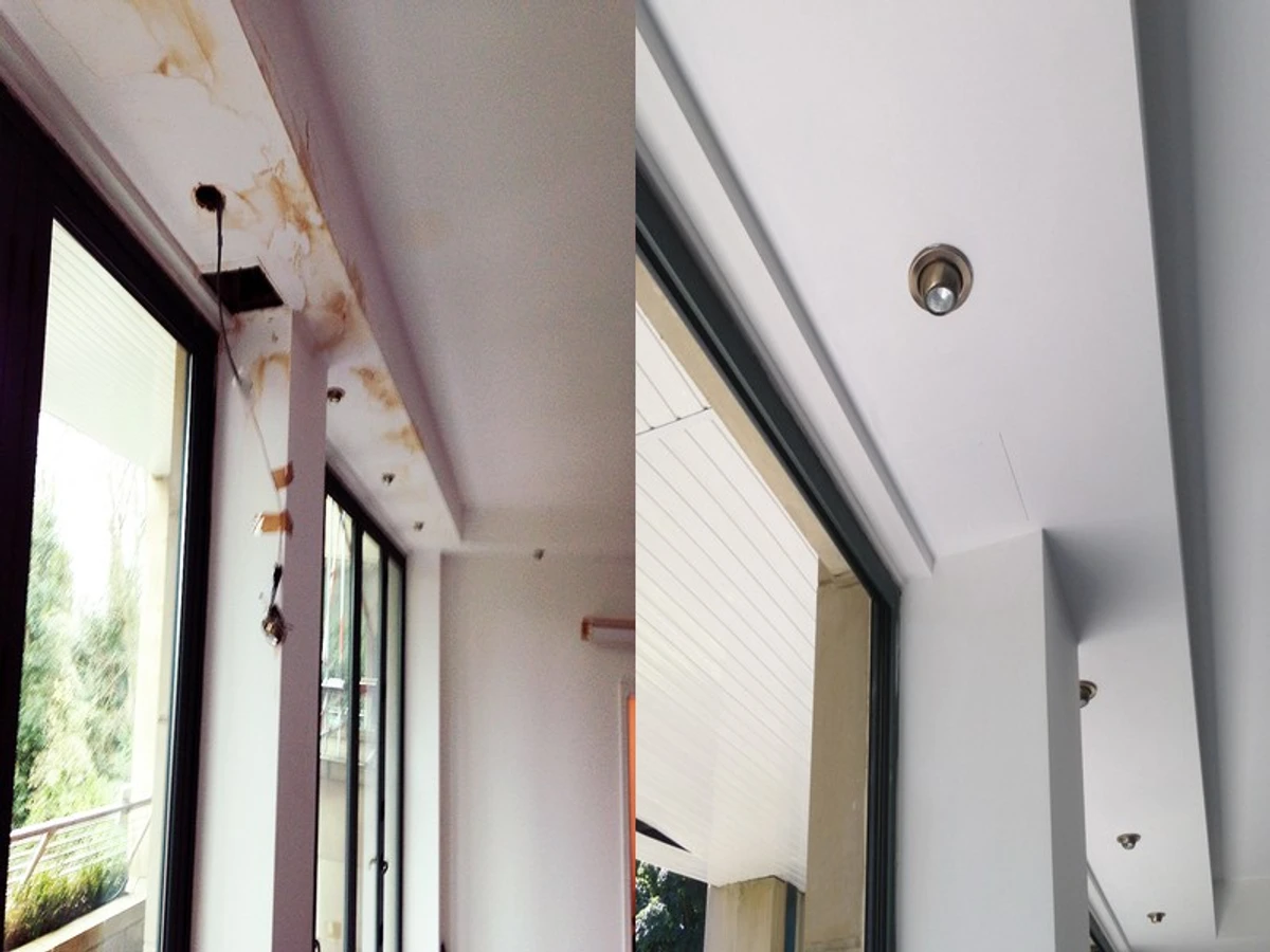 Commercial building maintenance repair work showing before and after transformation