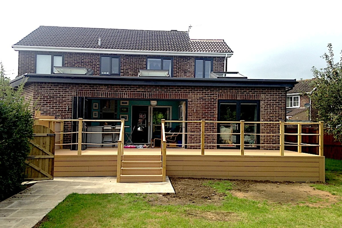 Composite garden decking installation with framed support and timber finish Roundhay