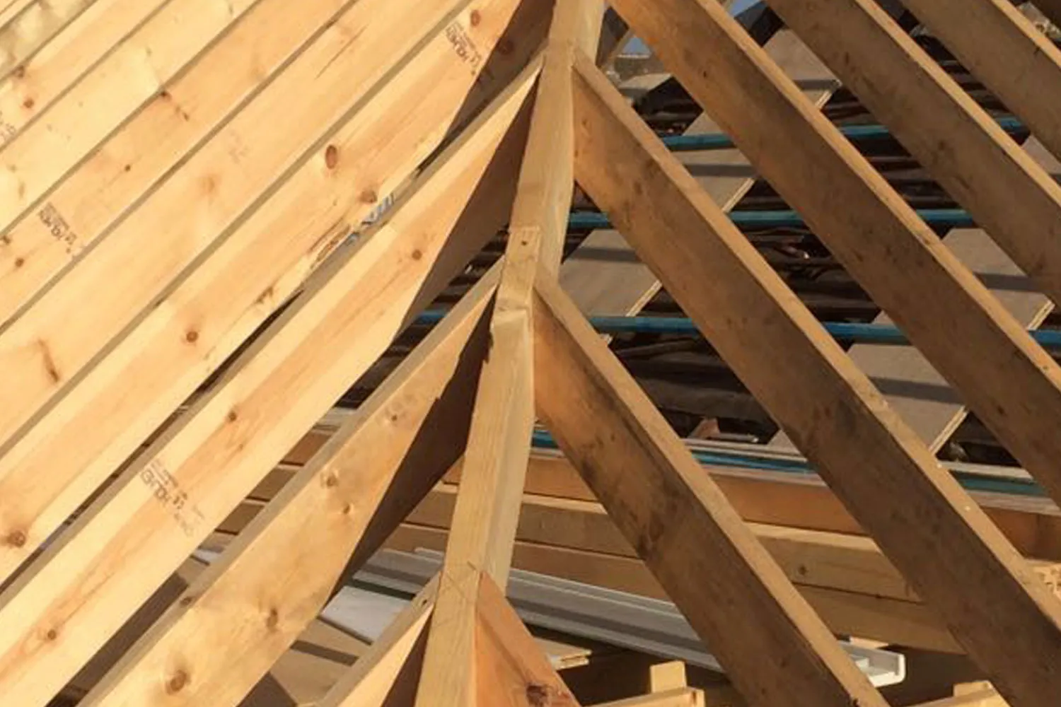 Hand-cut timber roof frame under construction with ridge beam and rafters in view 