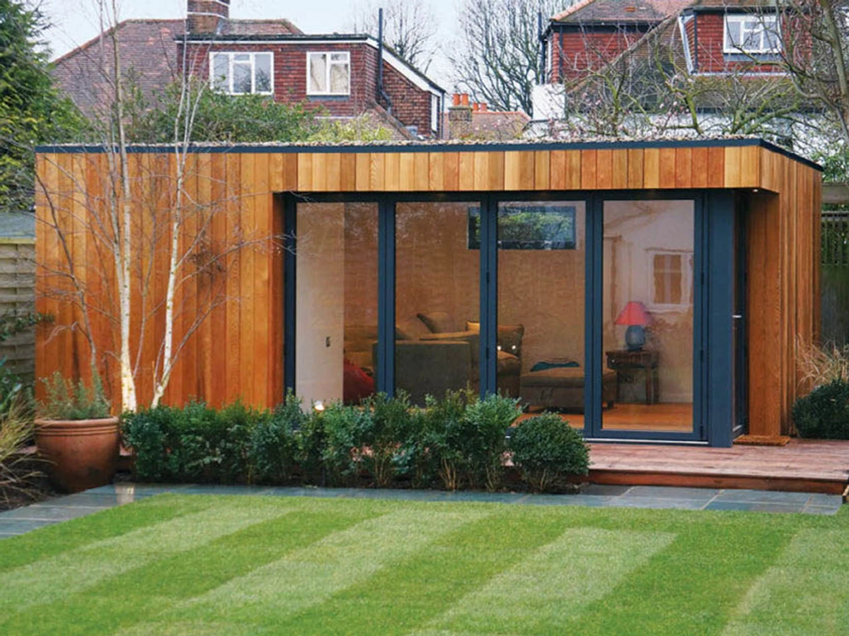 Interior of a relaxing garden room with soft lighting and seating 